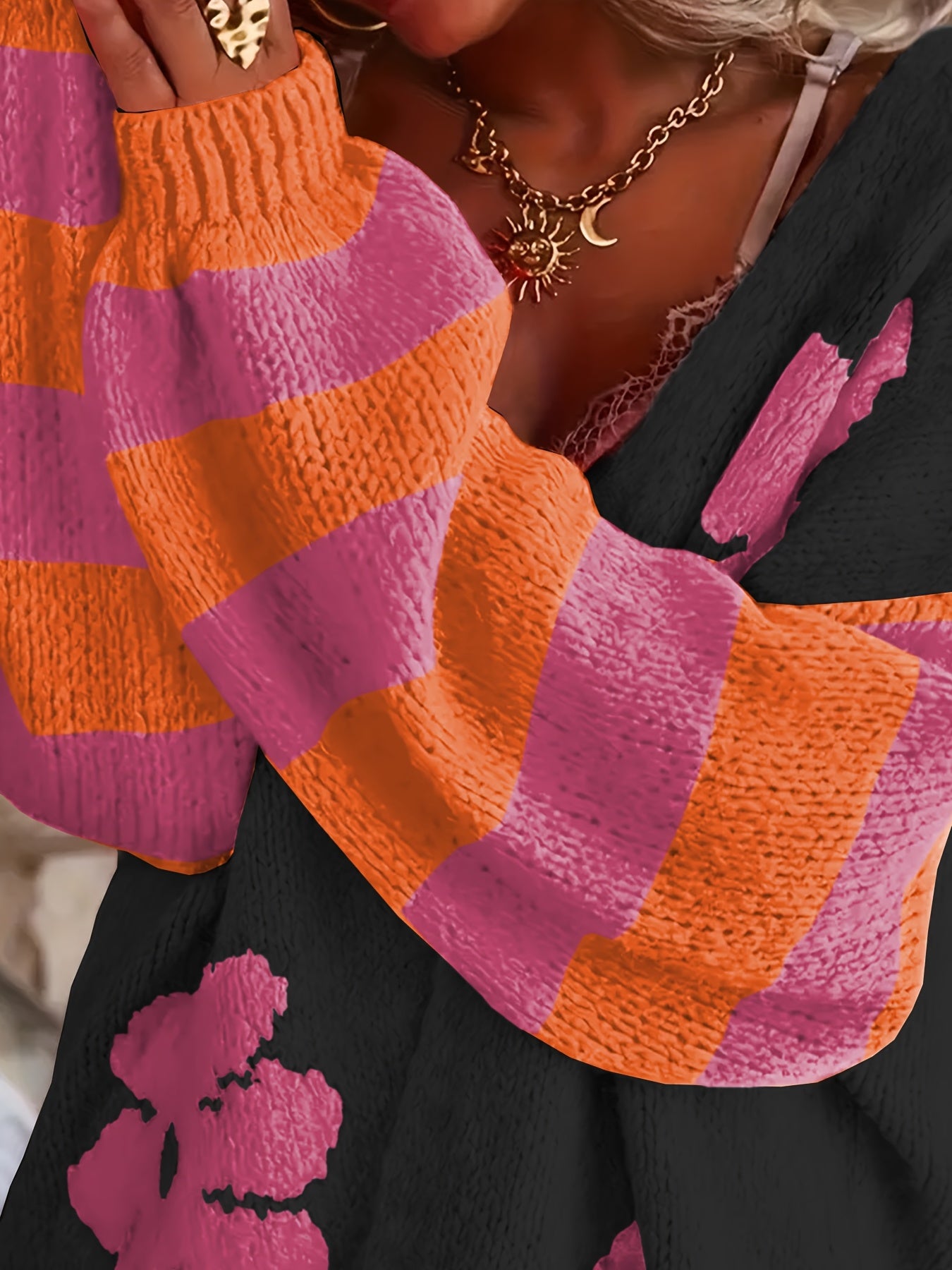 Suéter de talla grande, de corte holgado, con estampado floral, rayas y mangas largas