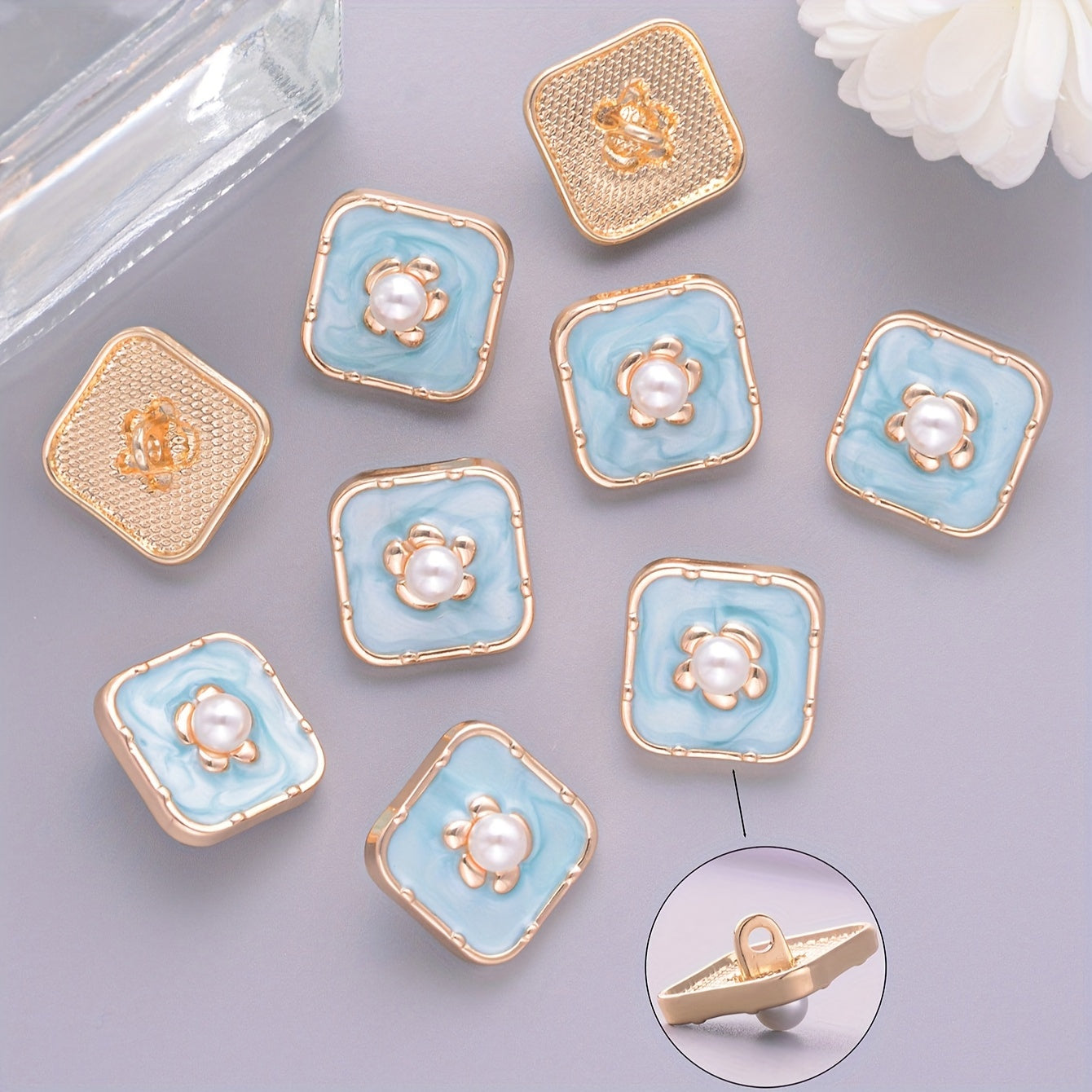 Set of 10 Square Alloy Buttons with Pearls and Flowers for Sewing Crafts and Clothing Accessories