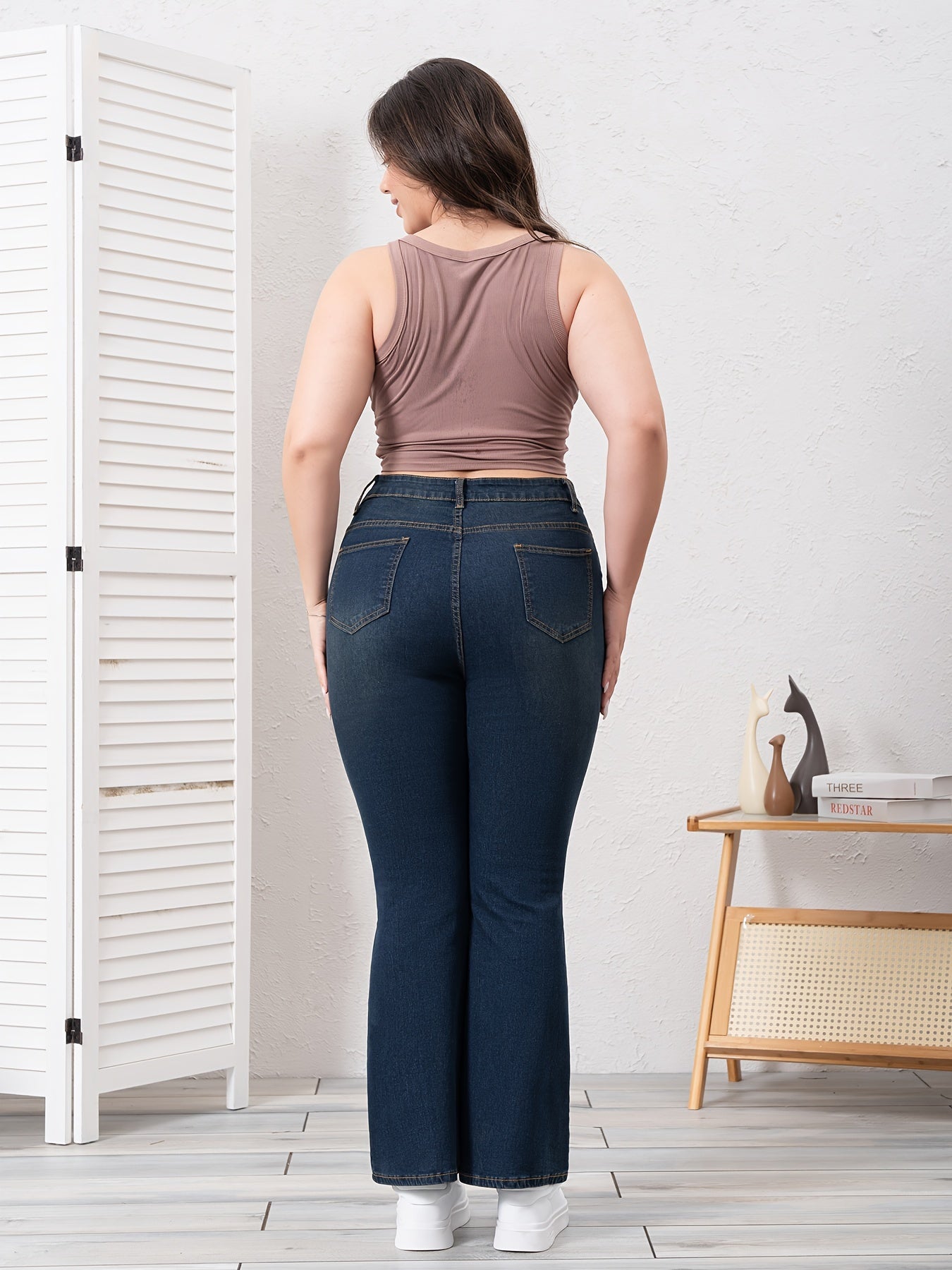 Plus Size Women's Denim Bootcut Jeans Blue Casual Zipper Button Closure