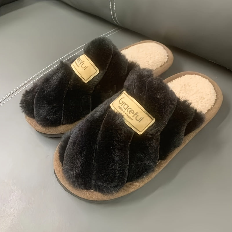 Women's Plush Faux Rabbit Fur-Lined Slip-On Indoor House Shoes