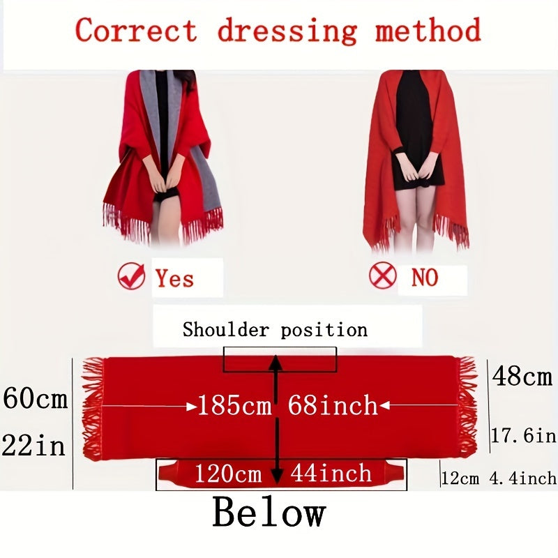 Women's Reversible Jacquard Warm Cape Shawl with Brooch Stylish Wrap