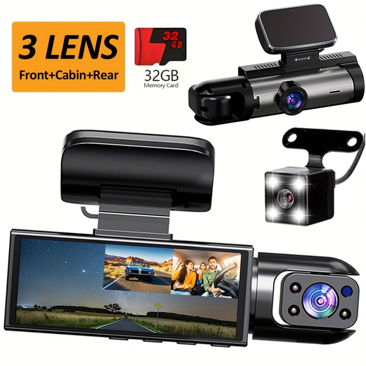 Cámara de tablero para coche de 3 canales, frontal 1080P, interior 720P, trasero 720P, DVR, monitor de estacionamiento