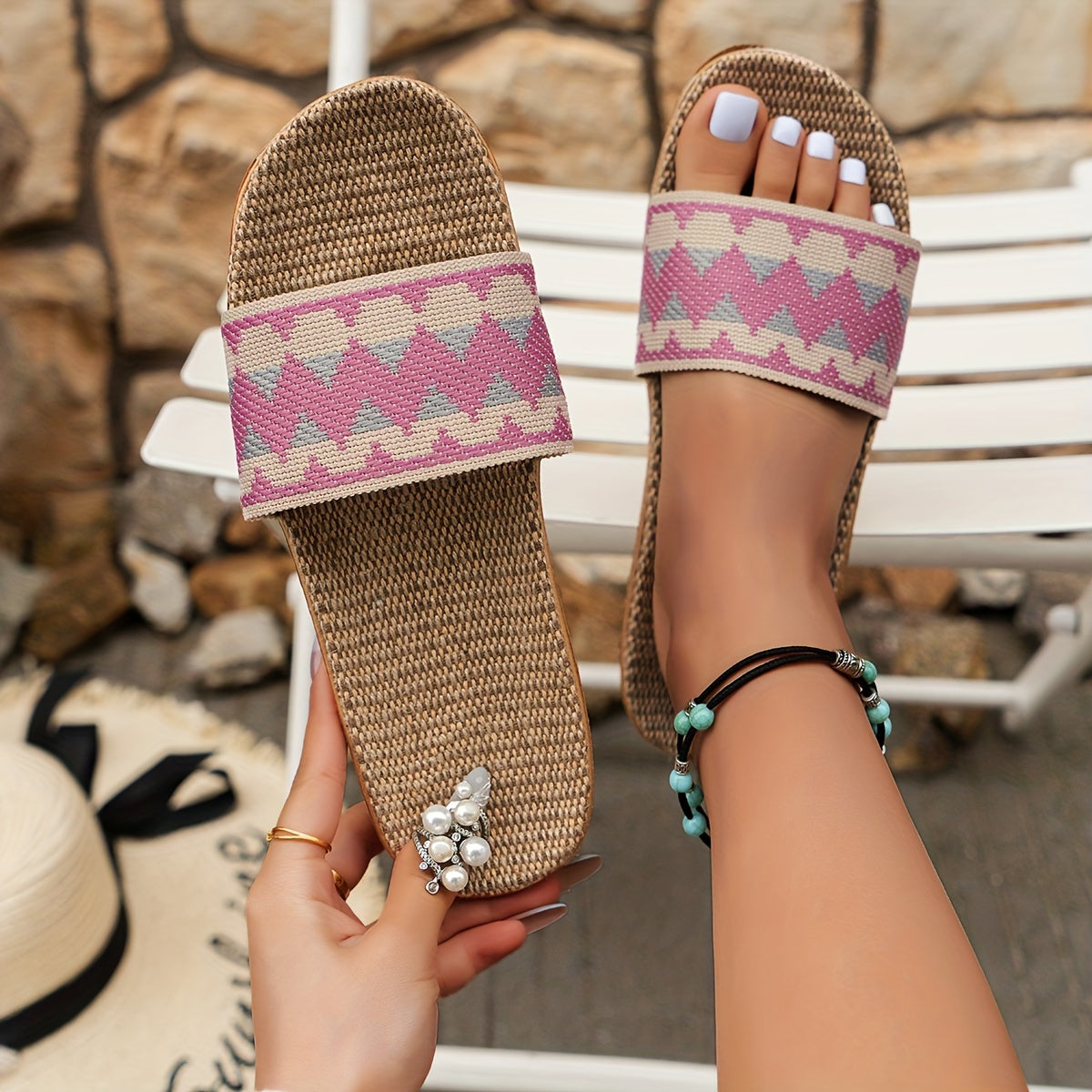 Women's Straw Slides Casual Open Toe Summer Shoes Lightweight Beach Sandals