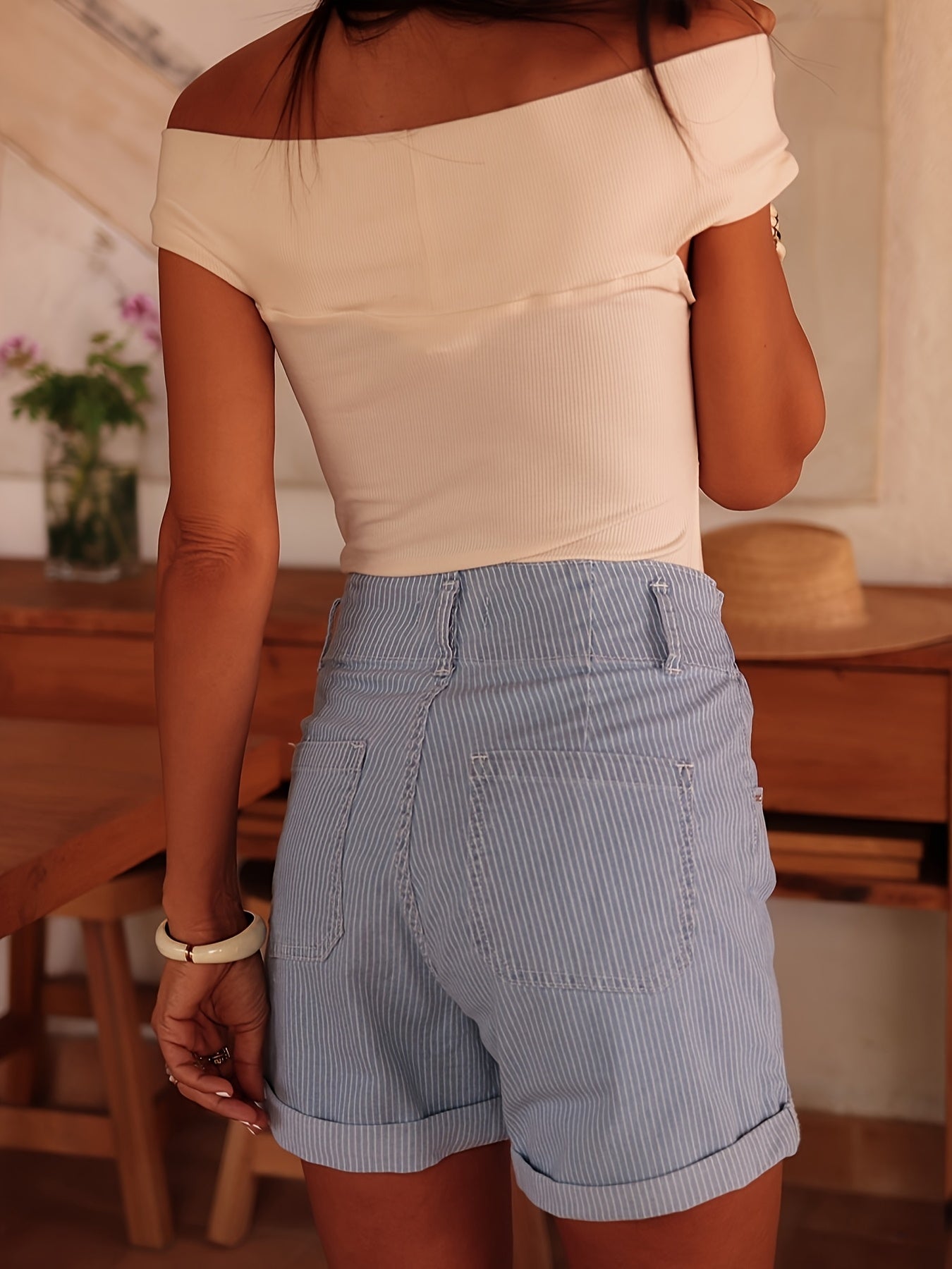 Women's Casual Summer Shorts Light Blue Striped Polyester Woven