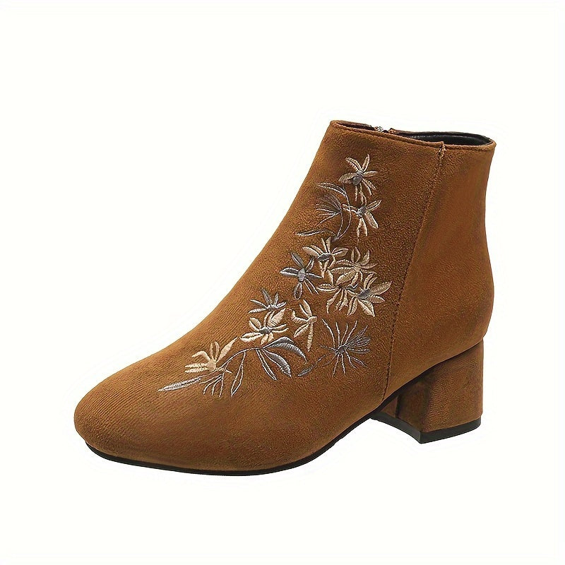 Women's Flower Pattern Chunky Heel Ankle Boots Square Toe Zipper