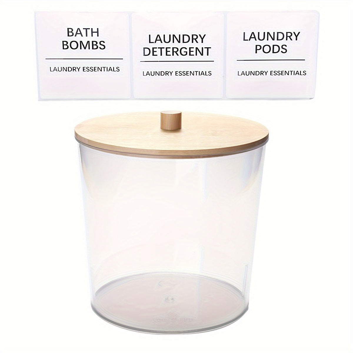 1 yoki 2 ta katta shaffof kir yuvish konteynerlari to'plami, bambuk qopqoq va yorliqlar bilan plastik tarqatish idishlari, kir yuvish xonasi aksessuarlarini, saqlash va tashkil etish uchun mukammal.