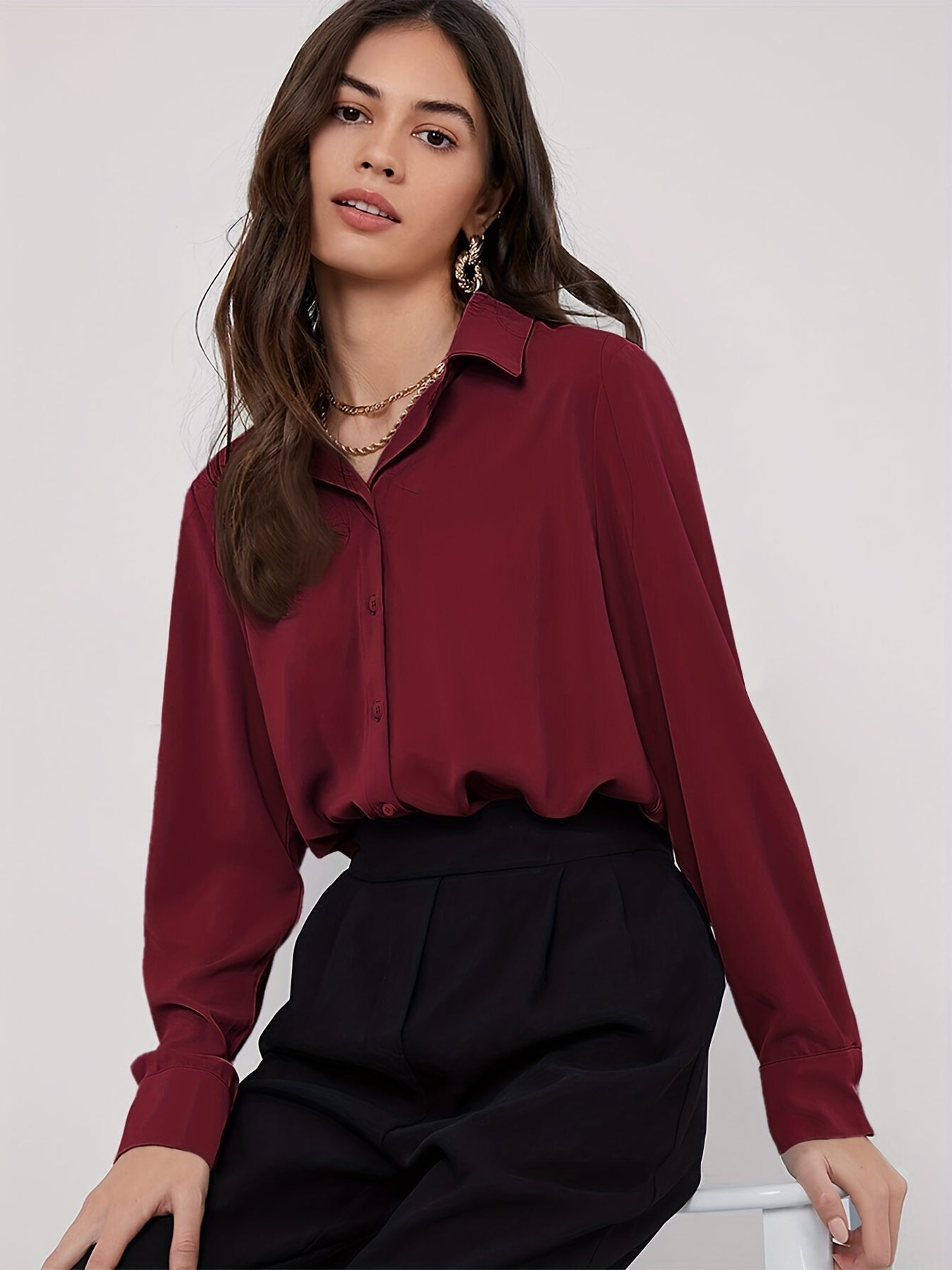 Women's Maroon Button-Up Blouse Long Sleeve Polyester Woven Casual Work