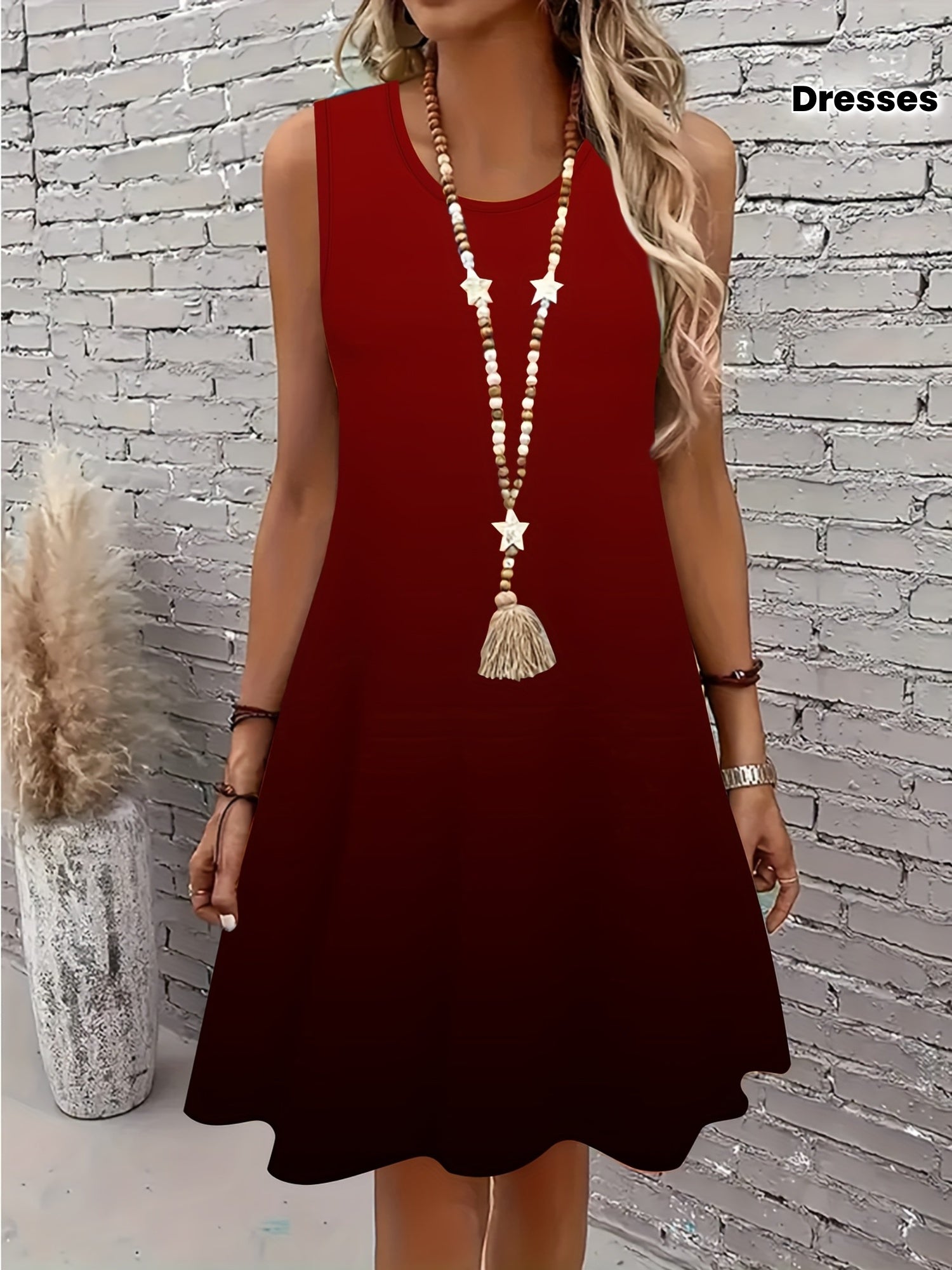 Plus Size Women's Burgundy Sleeveless Dress Stretchy Polyester Spandex Midi Casual