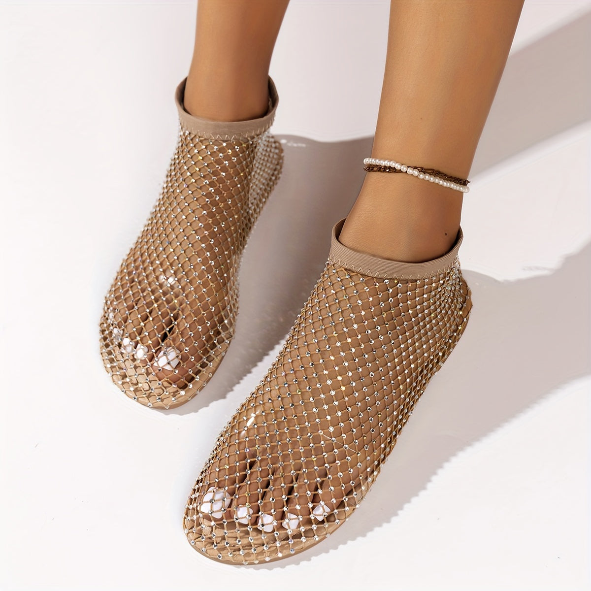 Women's Rhinestone Pattern Slip-On Flat Sandals with Hollow Out Design for Summer Beach Wear