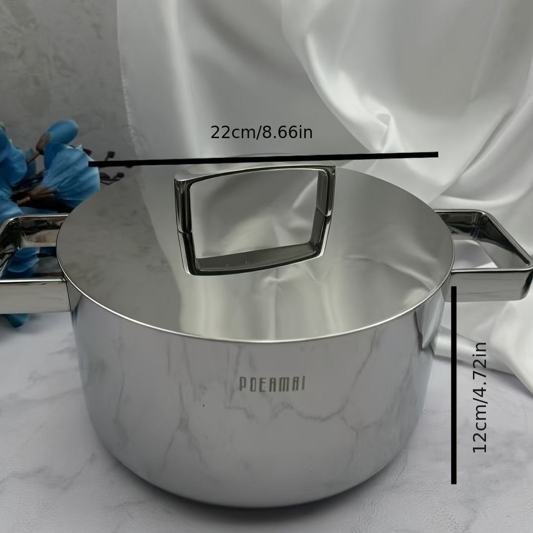 22cm Stainless Steel Stockpot with Lid Tri-Ply Mirror Finish No-Rivet Construction