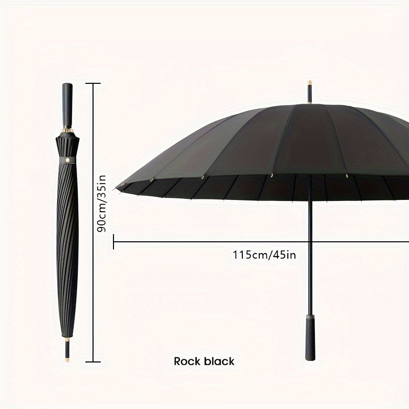 Men's Large Windproof 24-Bone Straight Rod Rain Umbrella Black Reinforced Handle