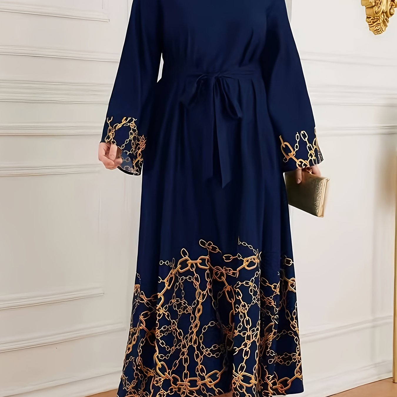 Women's A-Line Dress with Chain Print Crew Neck Long Sleeves Belt All-Season Polyester