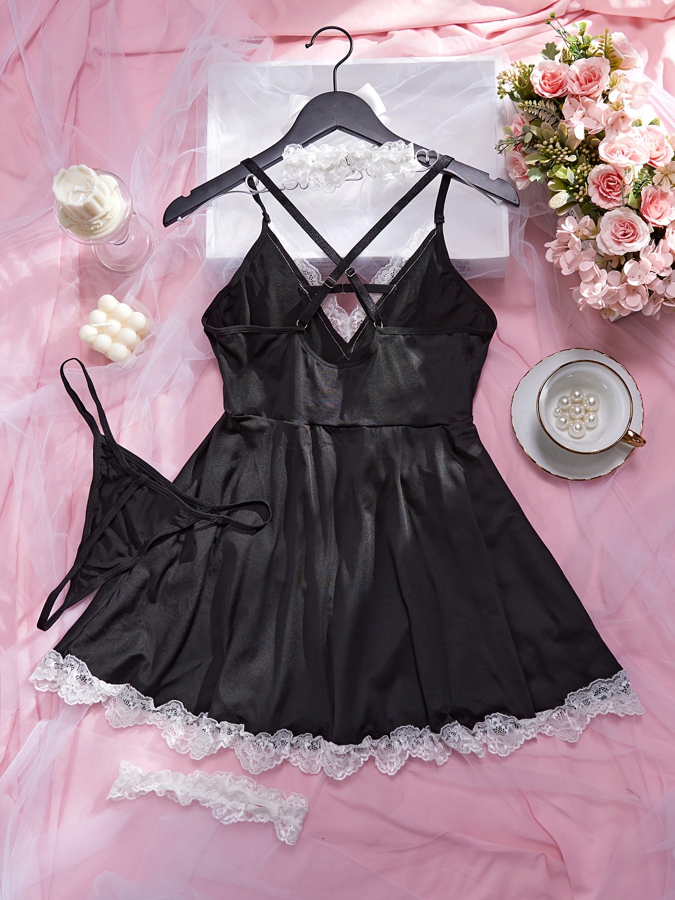 Women’s Lingerie Set 4-Piece Off-Shoulder Dress Choker Leg Rings Panties Polyester