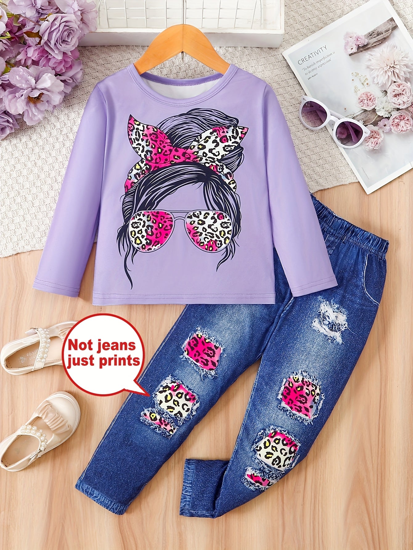 Girls' 2-Piece Spring and Autumn Set Long-Sleeved Top and Pants Digital Face Print