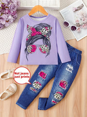 Girls' 2-Piece Spring and Autumn Set Long-Sleeved Top and Pants Digital Face Print
