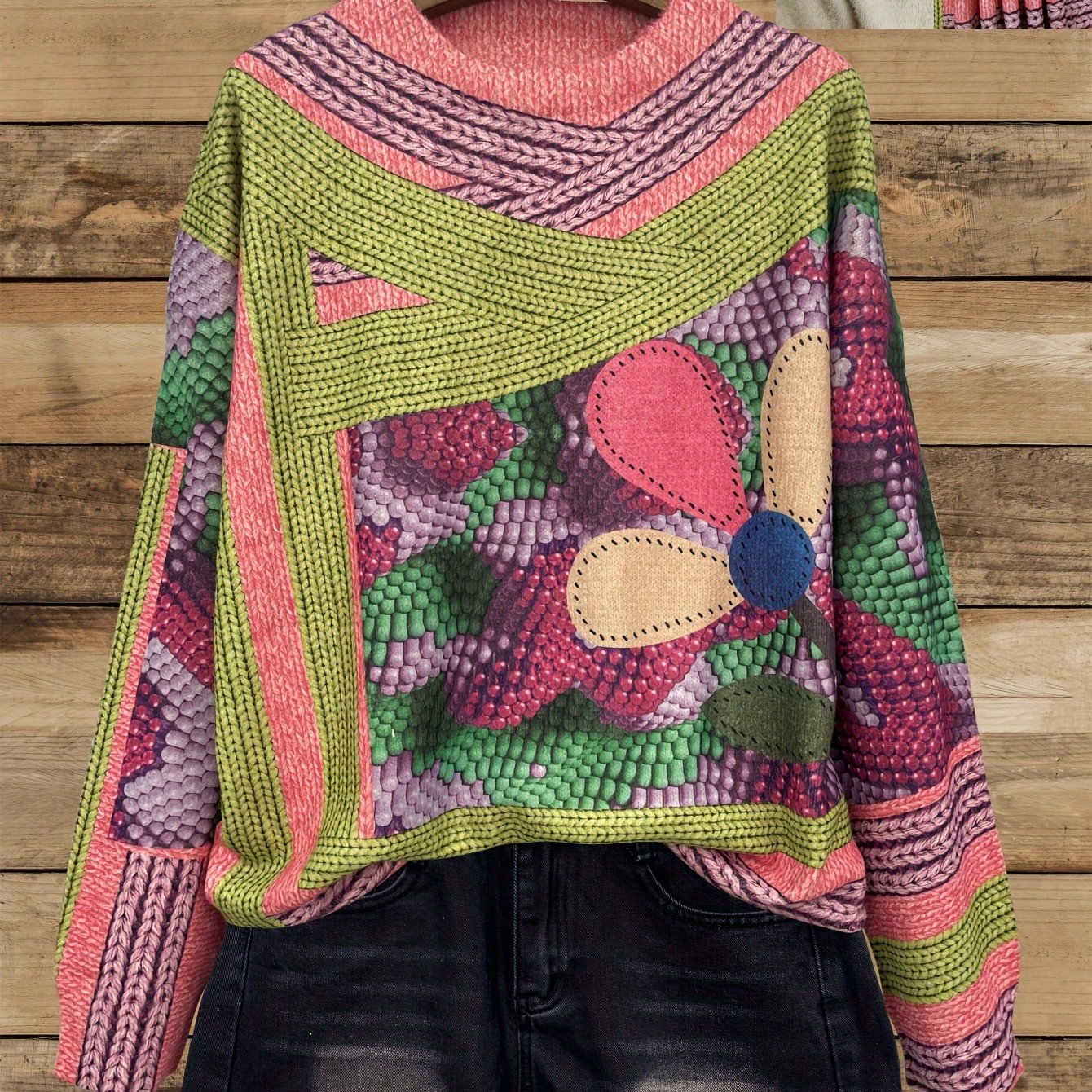 Plus Size Women's Thick Knit Sweater All-Over Print Casual Long Sleeve Pullover