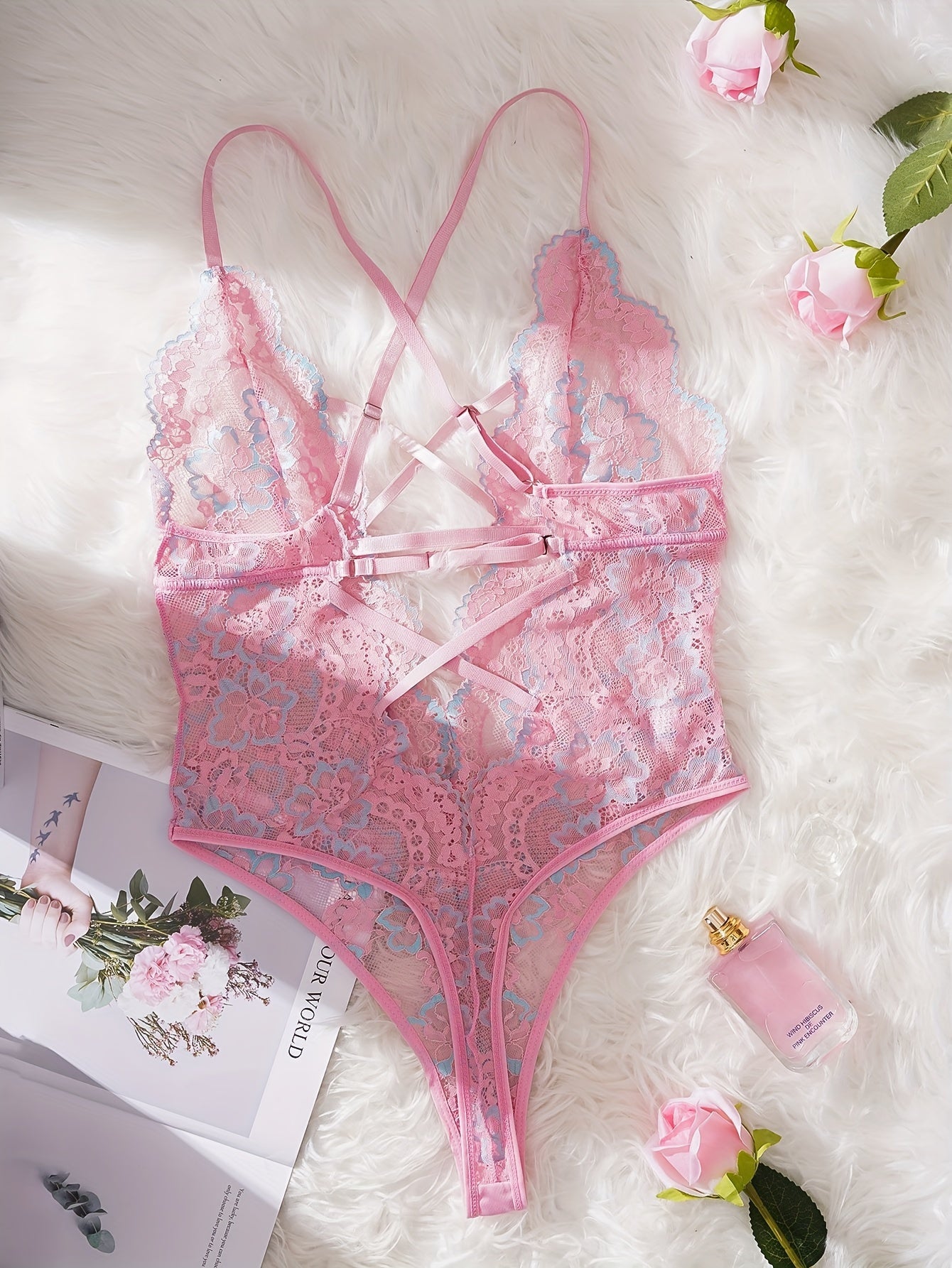 Women's Lace Bodysuit Solid Color Knit Fabric Contrast Lace Light Support Lingerie