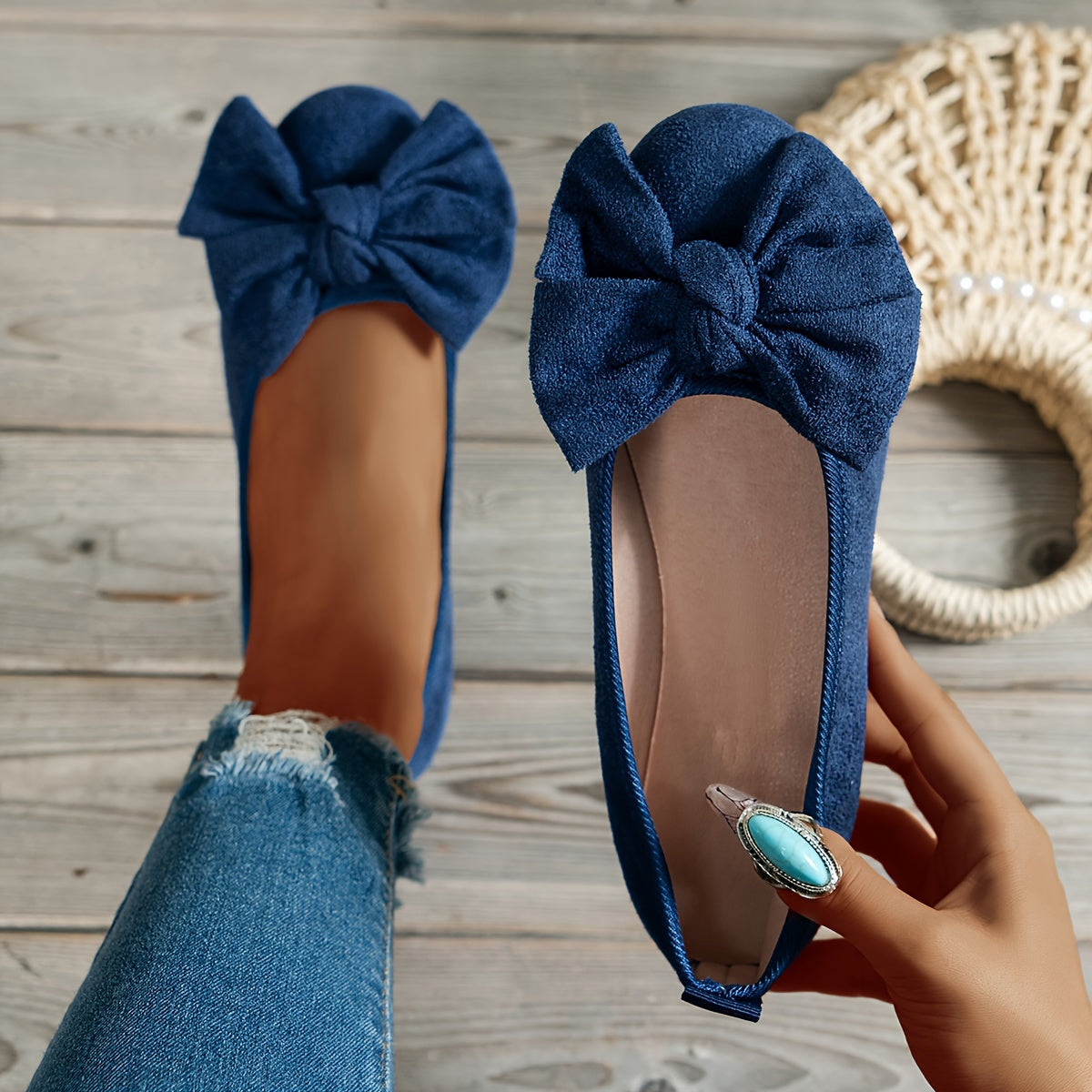 Women's Flannel Bow-Knot Flats Comfortable Slip-On Round Toe Shoes