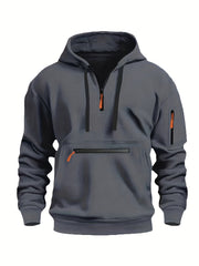 Men's Solid Color Polyester Half-Zip Hoodie with Kangaroo Pocket for Fall Winter