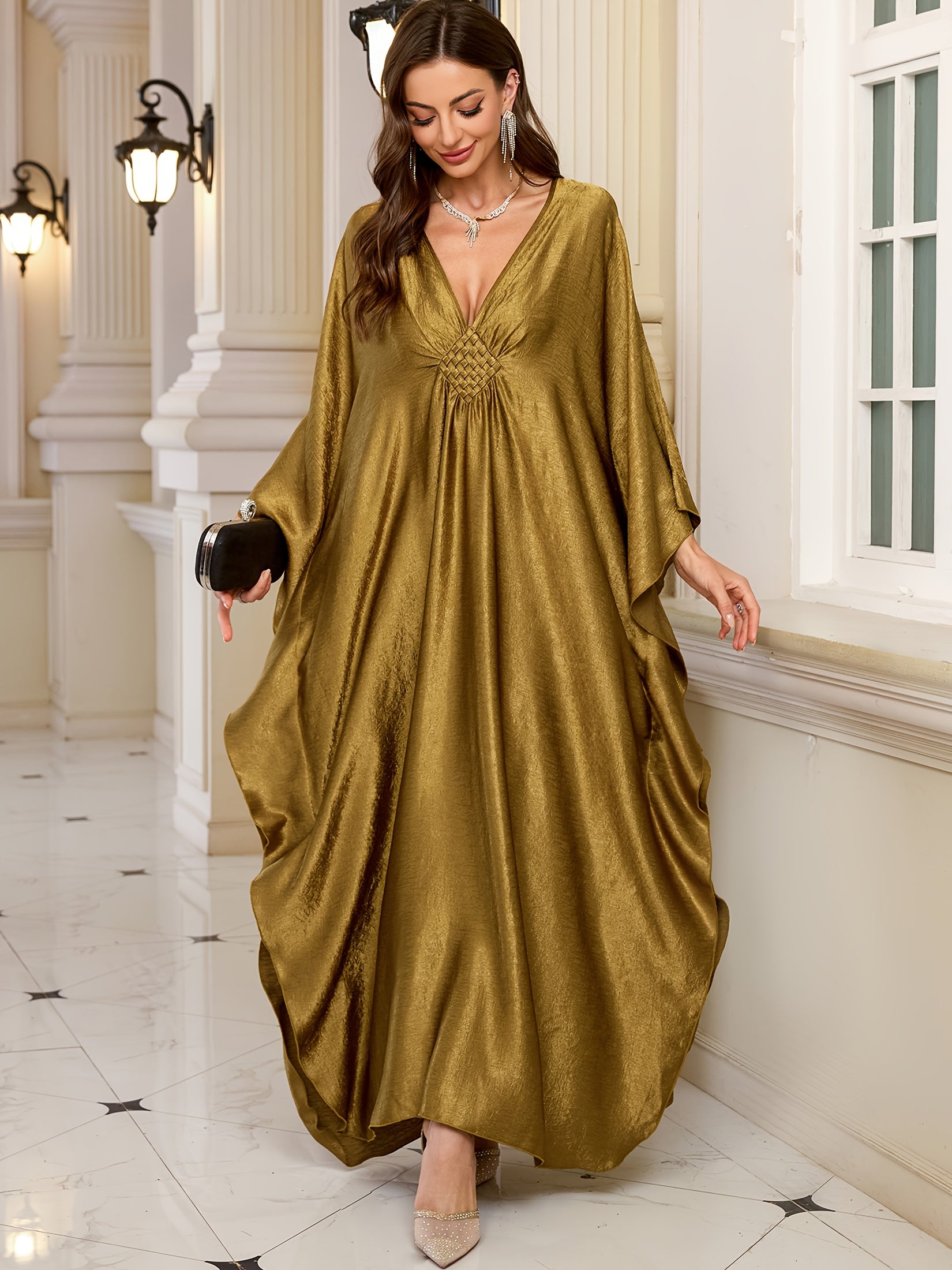 Olive Green V-Neck Bat Sleeve Kaftan Dress for Women Beach Cover-Up Casual Outerwear
