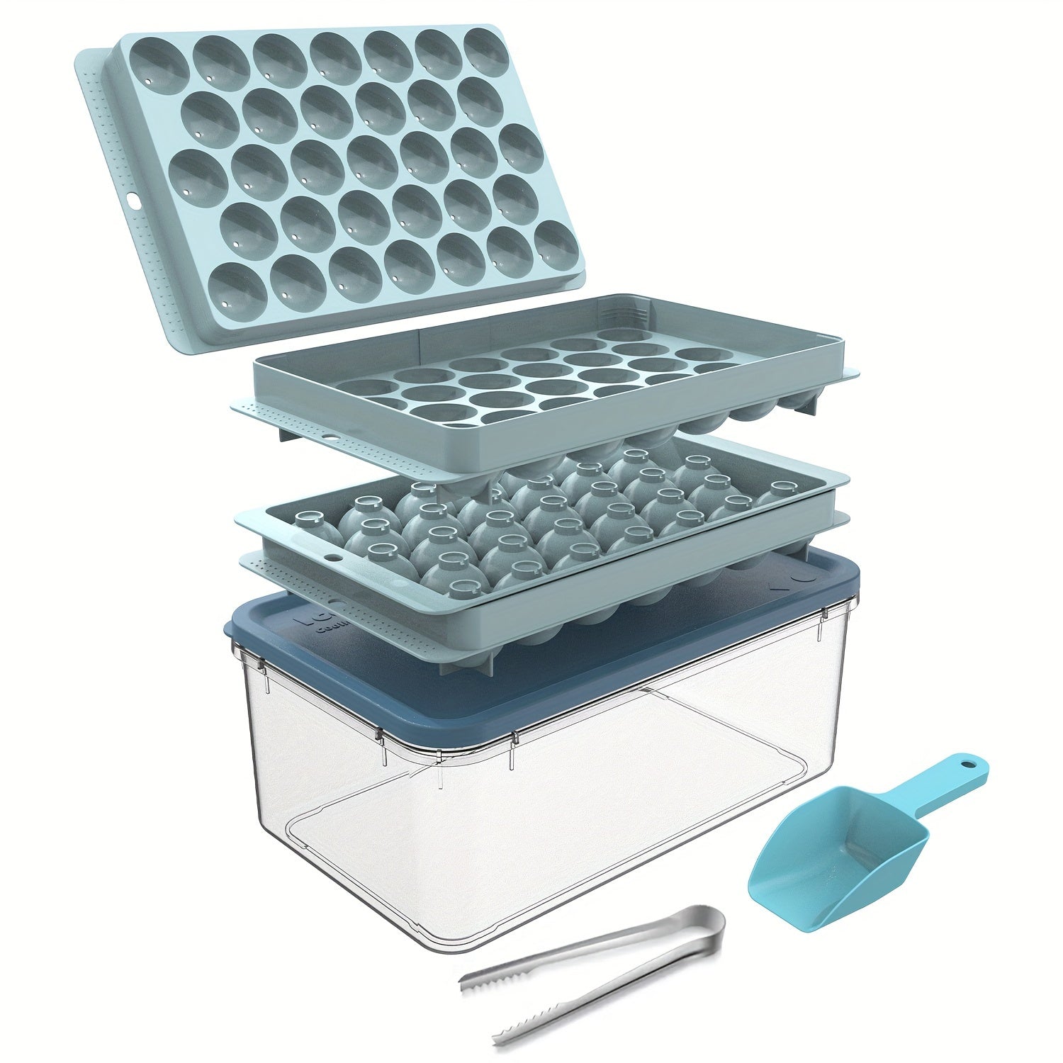 Ice Cube Mold Set with Scoop Tongs, Easy Release Tray, Storage Box for Cocktails Whiskey Coffee