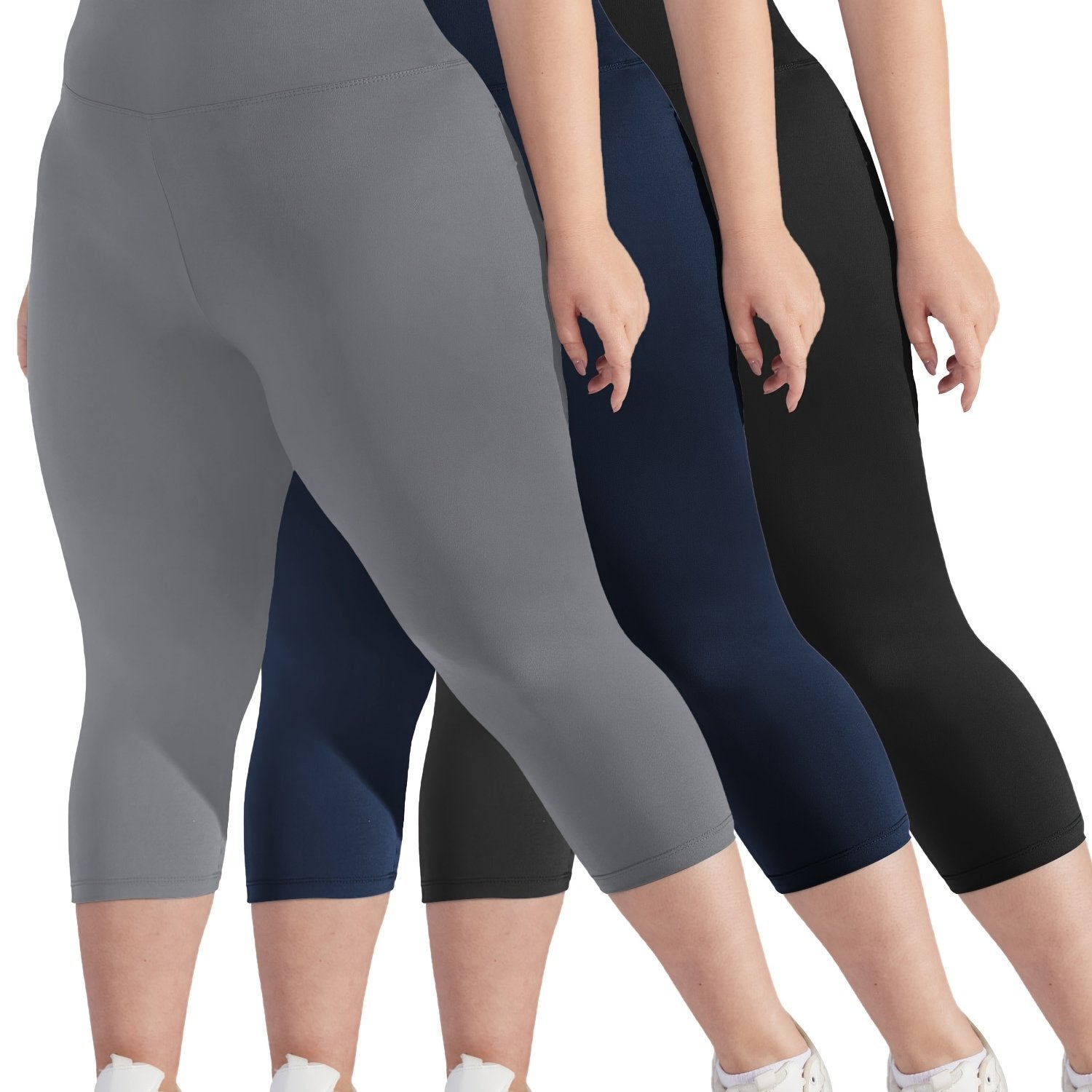 Women's Plus Size High Waist Capri Leggings Stretchy Solid Color Pack of 3