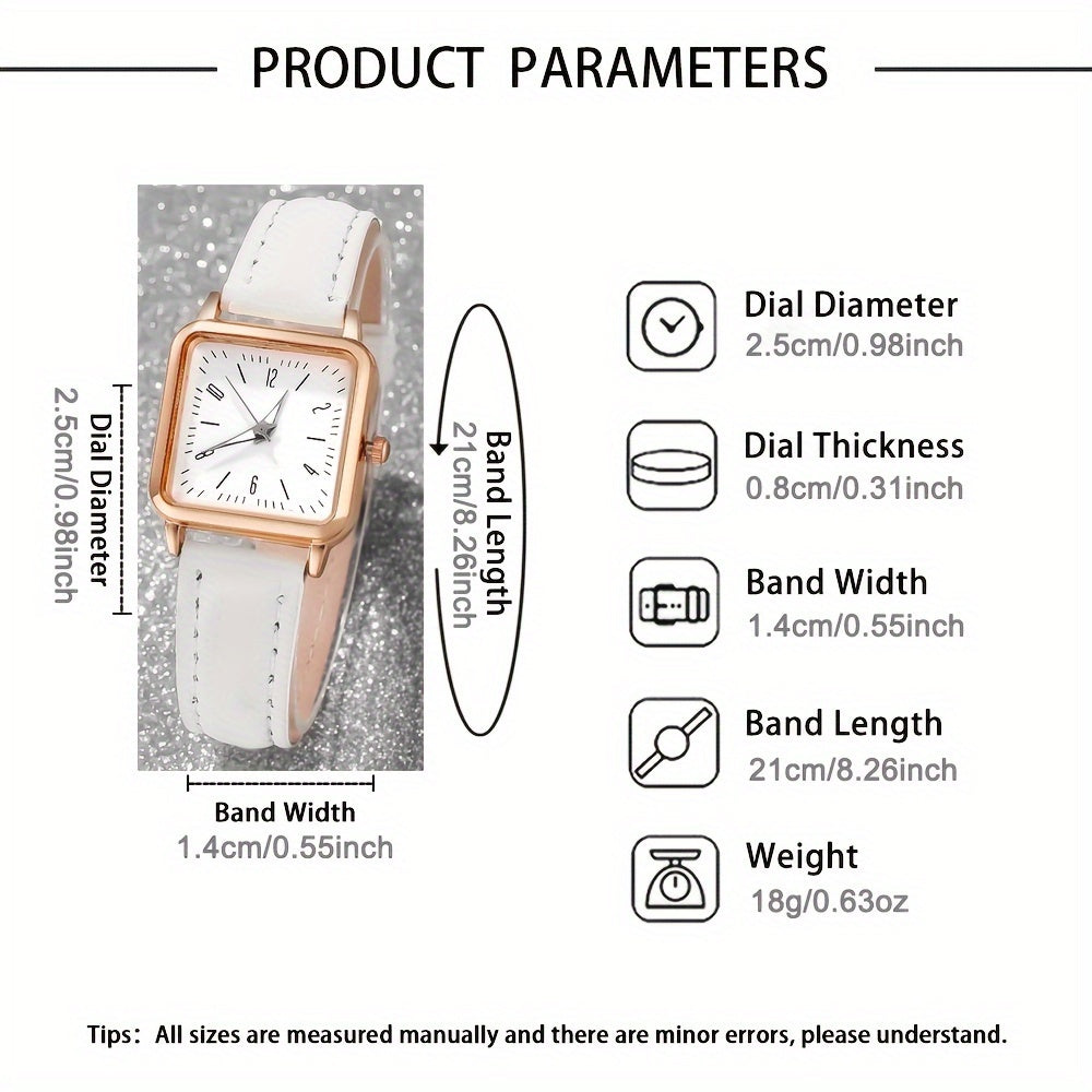 5 ta ayollar uchun kvadrat kvarts soatlari to'plami, sun'iy charm bilan ta'minlangan va elektron mexanizm bilan