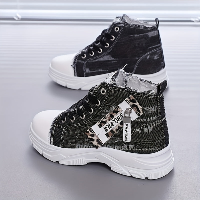 Women's Denim High-Top Sneakers with Zipper, Thick Sole, Comfortable Insole