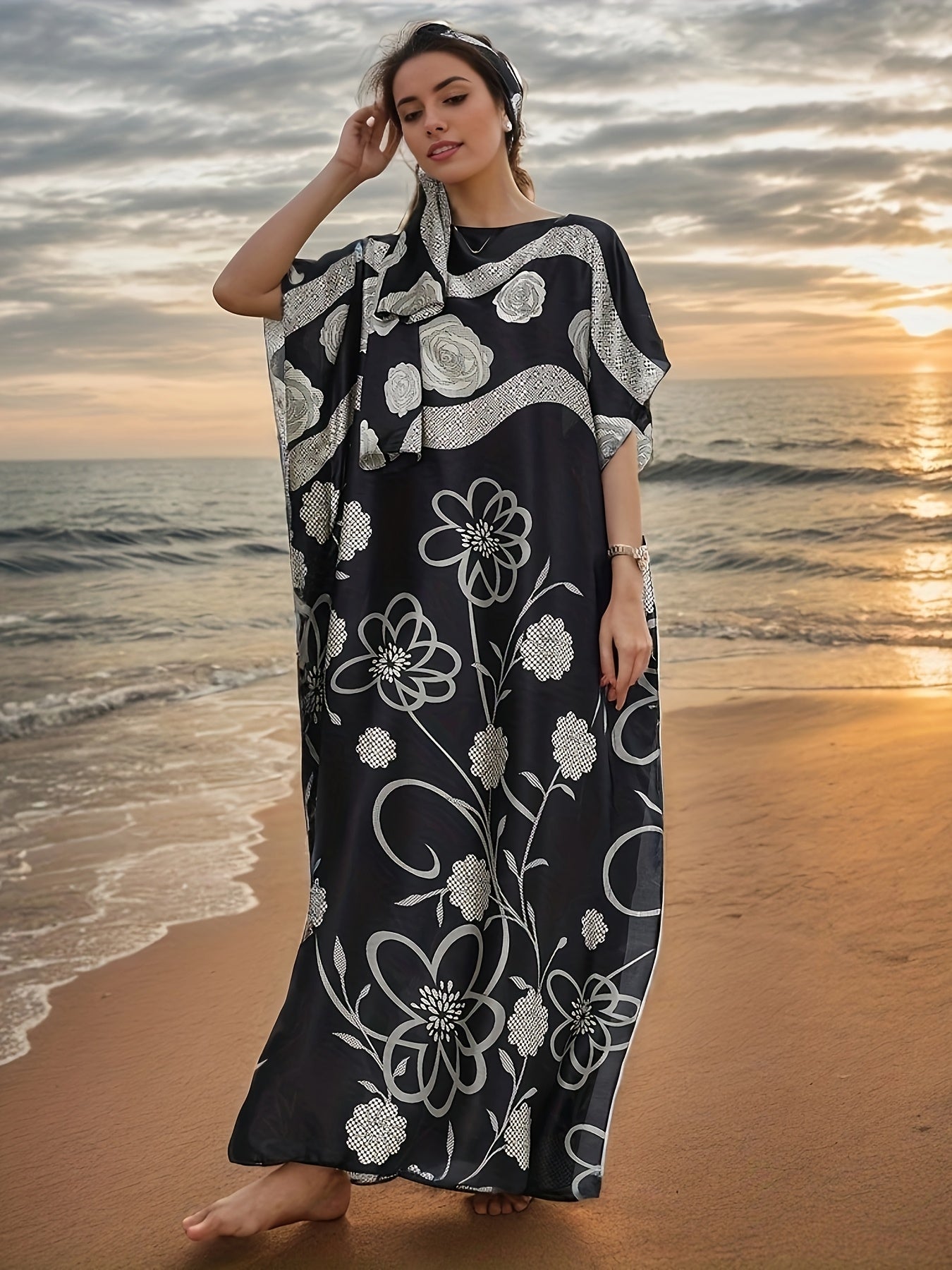 Vestido largo geométrico floral en negro y blanco para mujer, ajuste suelto, manga corta, para la playa