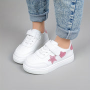 Girls' All-Season Heart and Star Pattern Sports Sneakers Low Top Lace-Up Shoes for Outdoor Activities