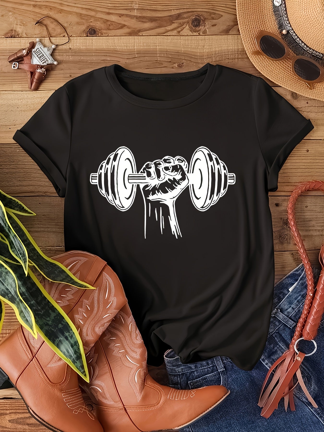 Plus Size Women's Black Graphic Dumbbell T-Shirt Sporty Workout Tee