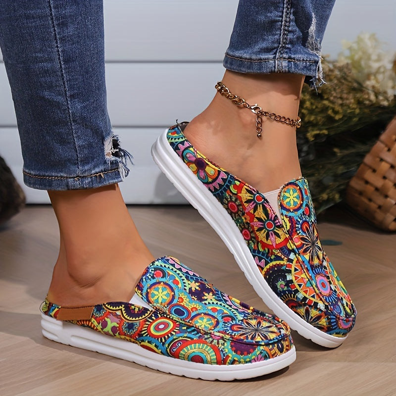 Women's Floral Print Flat Mules, Slip-On Loafers, Lightweight, Casual Shoes