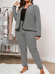 Plus Size Women's Houndstooth Jacket and Pants Set Stretchy Polyester
