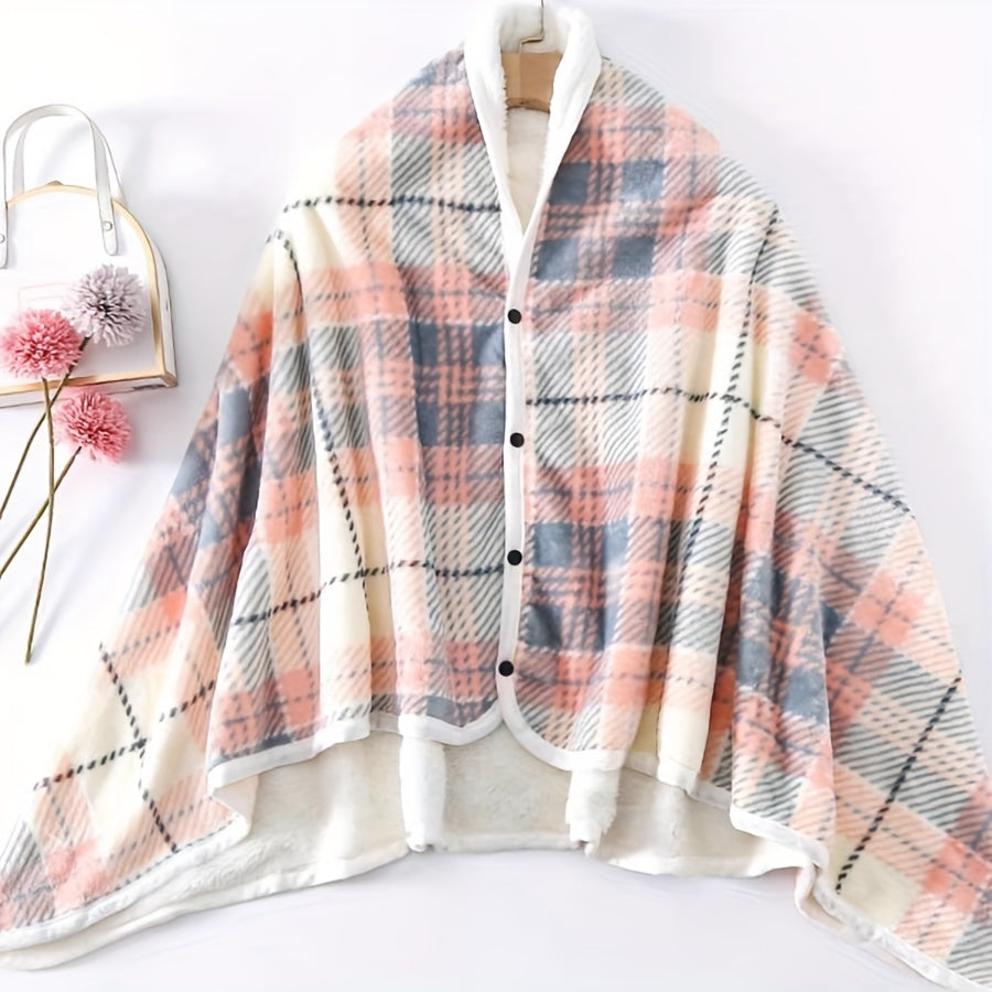 Reversible Plaid Wool Shawl for Women Thick Cozy Winter Wrap with Button Closure