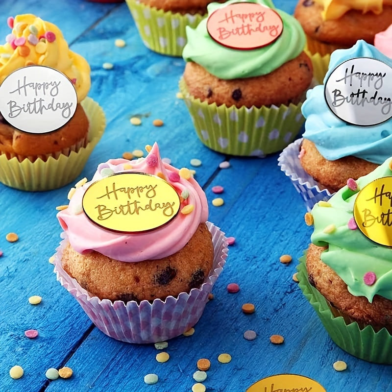Toppers de pastel de cumpleaños de acrílico espejo para decoración y horneado de cupcakes