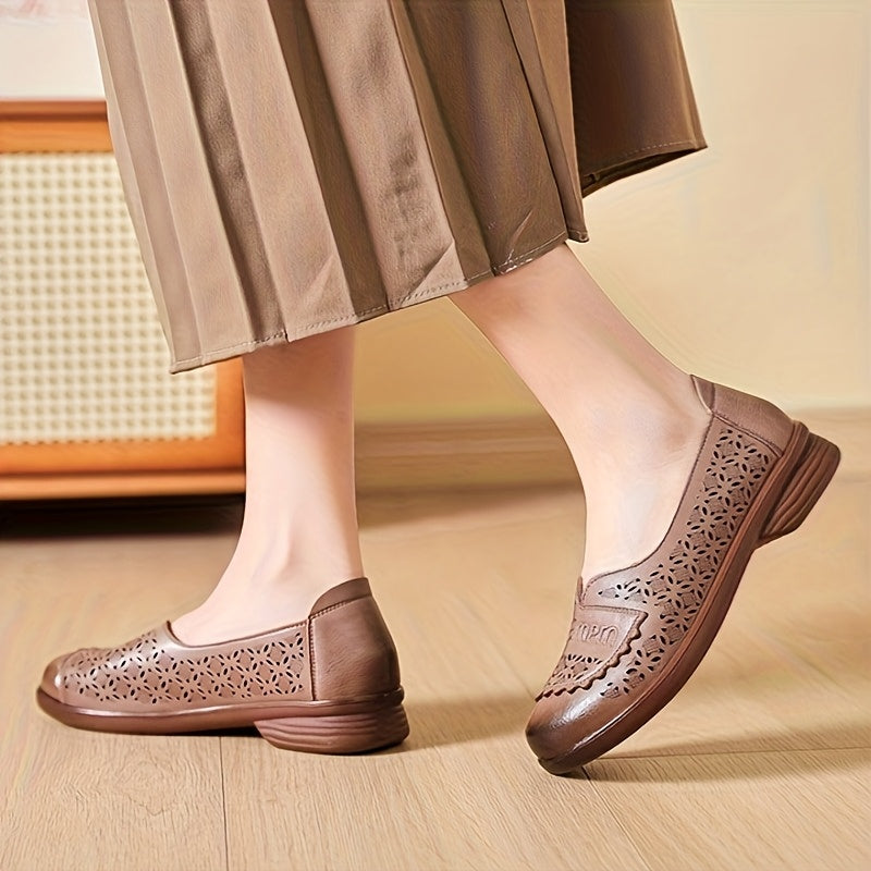 Women's PU Hollow-Out Flat Shoes Casual Slip-On Loafers Breathable Flats