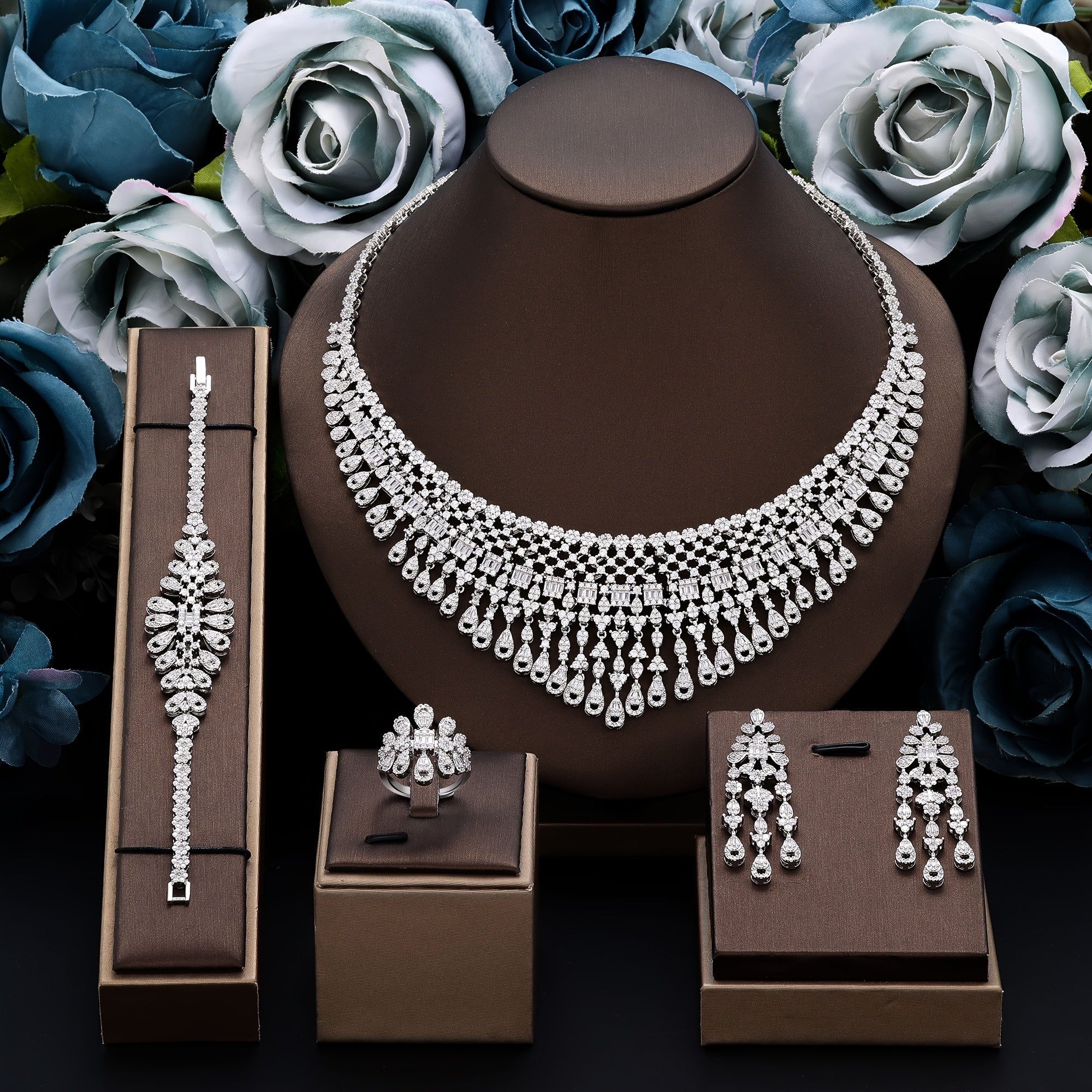 4-Piece Jewelry Set with Cubic Zirconia White Gold Plated for Weddings and Special Occasions