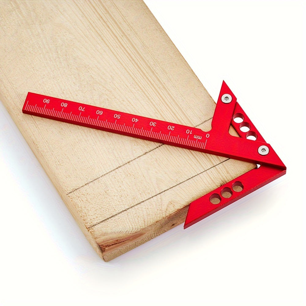 Regla de carpintería de aleación de aluminio azul con centro de marcado y medidas en pulgadas y cm