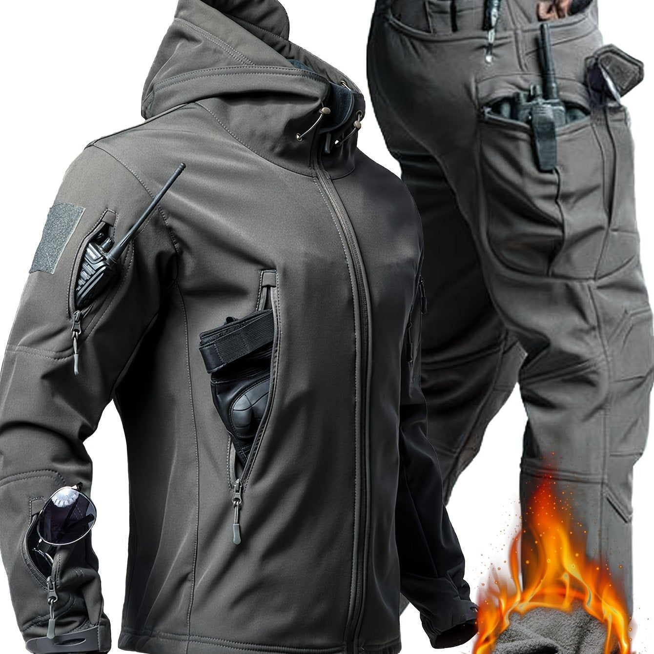 Erkaklar uchun tasodifiy kiyim to'plami, kamuflyaj va oddiy rangda, yumshoq astarli kurtka va shimlar, kuz va qish mavsumida sayr qilish va tog'ga chiqish uchun ko'p cho'ntaklar.