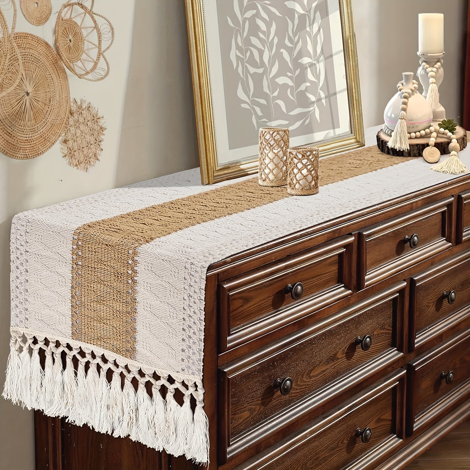 Linen Bohemian Chic Table Runner with Tassels for Weddings Dining and Home Decor