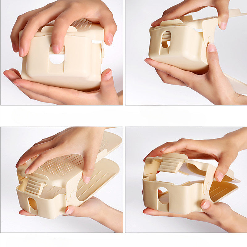 Регулируемая двухуровневая полка для обуви — эффективное решение для экономии места при хранении тапочек и обуви, идеально подходит для организации пространства дома и в общежитии.