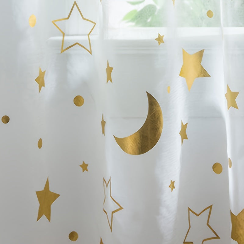 White Tulle Curtains with Silver and Gold Star Moon Cartoon Design for Kids Room