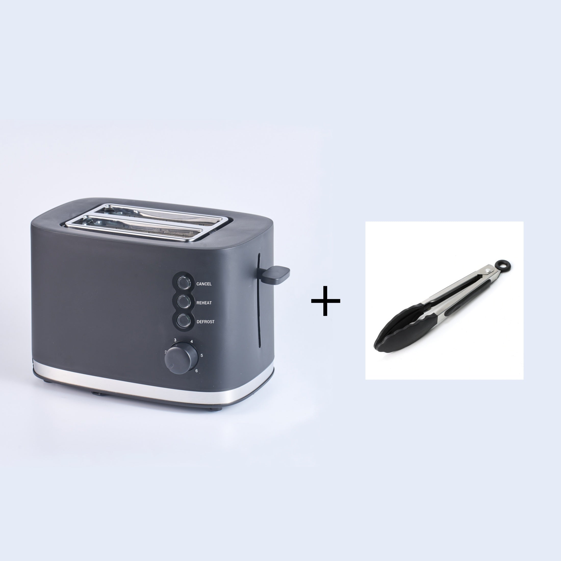 Черный пластиковый тостер с широкими слотами и множеством функций