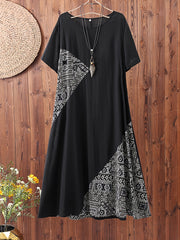 Платье из геометрического принта с заплатками из рами с короткими рукавами и круглым вырезом