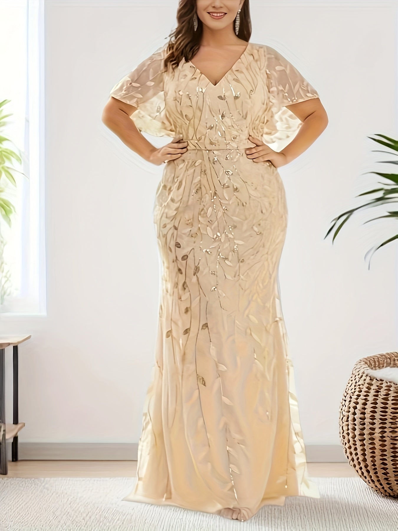 Plus Size Women's Beige V-Neck Long Sleeve Evening Gown Formal Dress