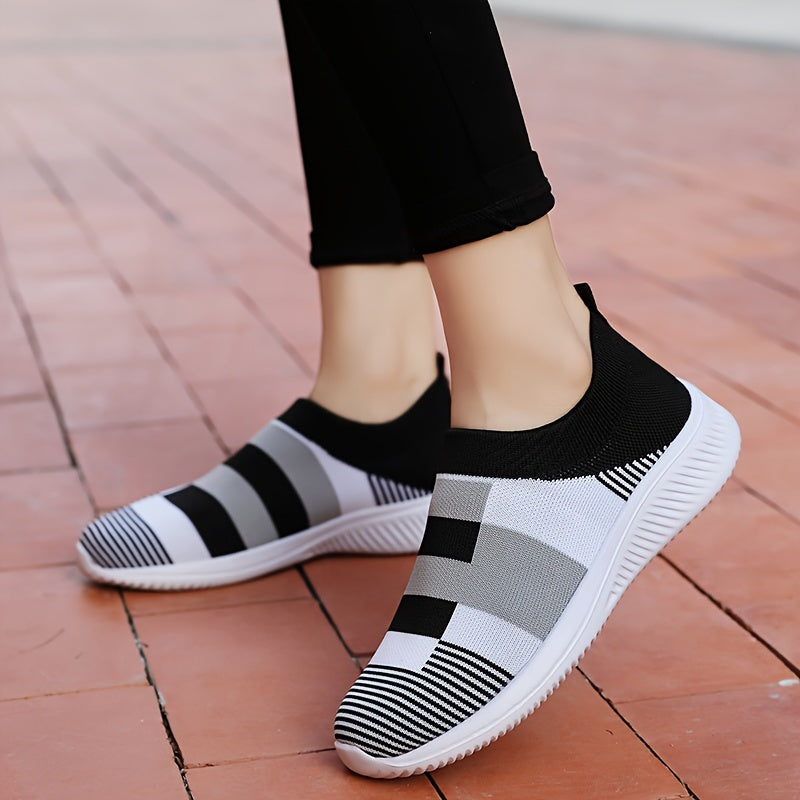 Plus Size Women's Mesh Slip-On Sneakers Pink Gray White Plaid All-Season Casual