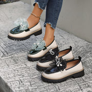 Women's Chunky Platform Loafers Slip-On Rhinestone Bow Synthetic Rubber Sole