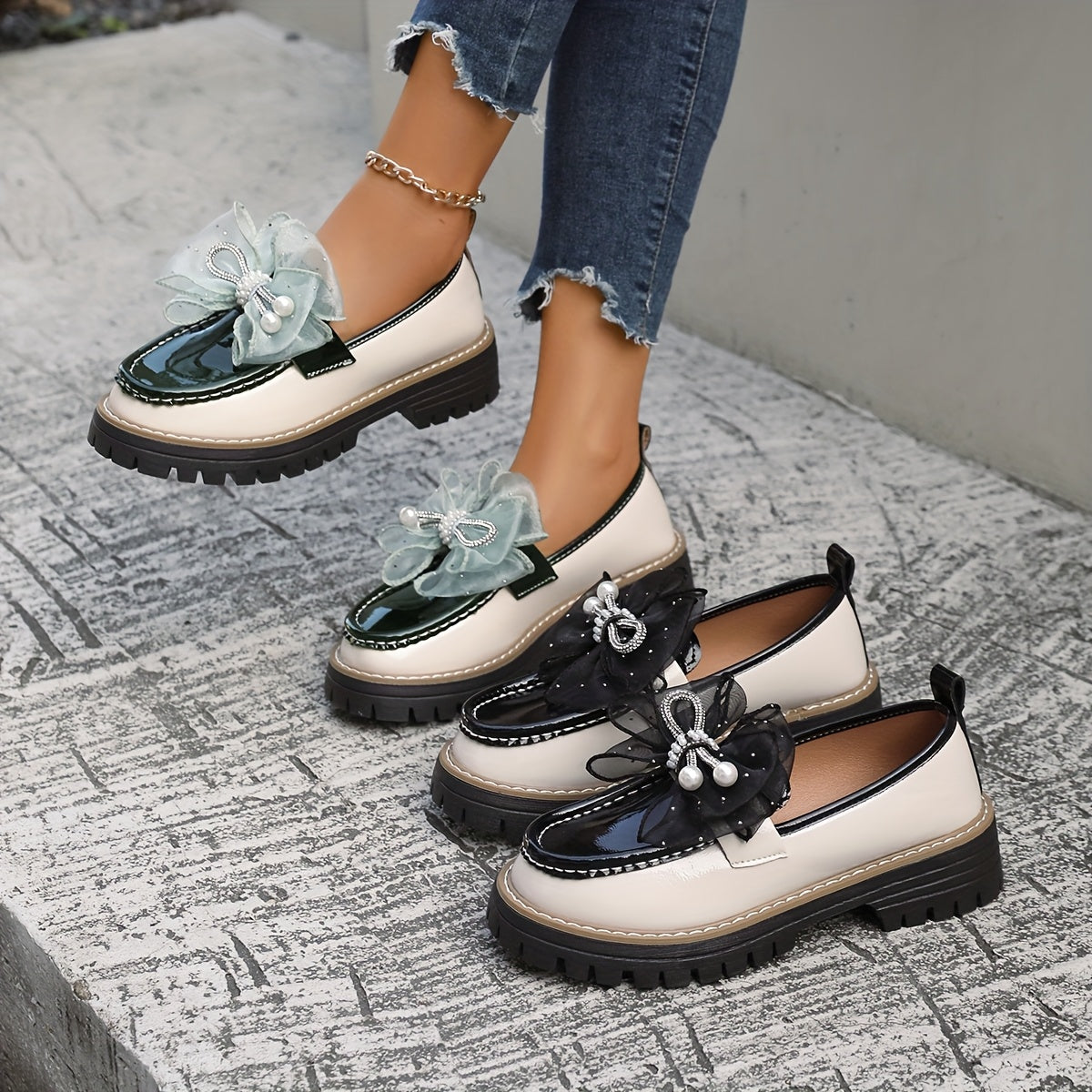 Women's Chunky Platform Loafers Slip-On Rhinestone Bow Synthetic Rubber Sole