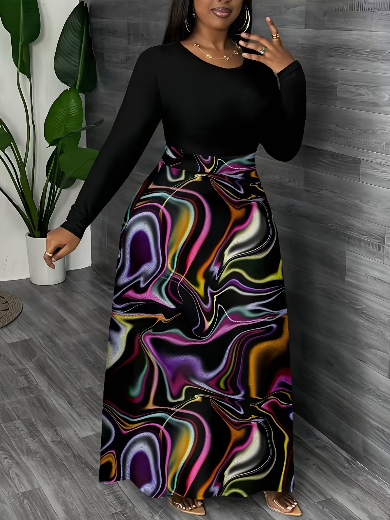 Falda larga de talla grande para mujer de cintura alta con patrón abstracto