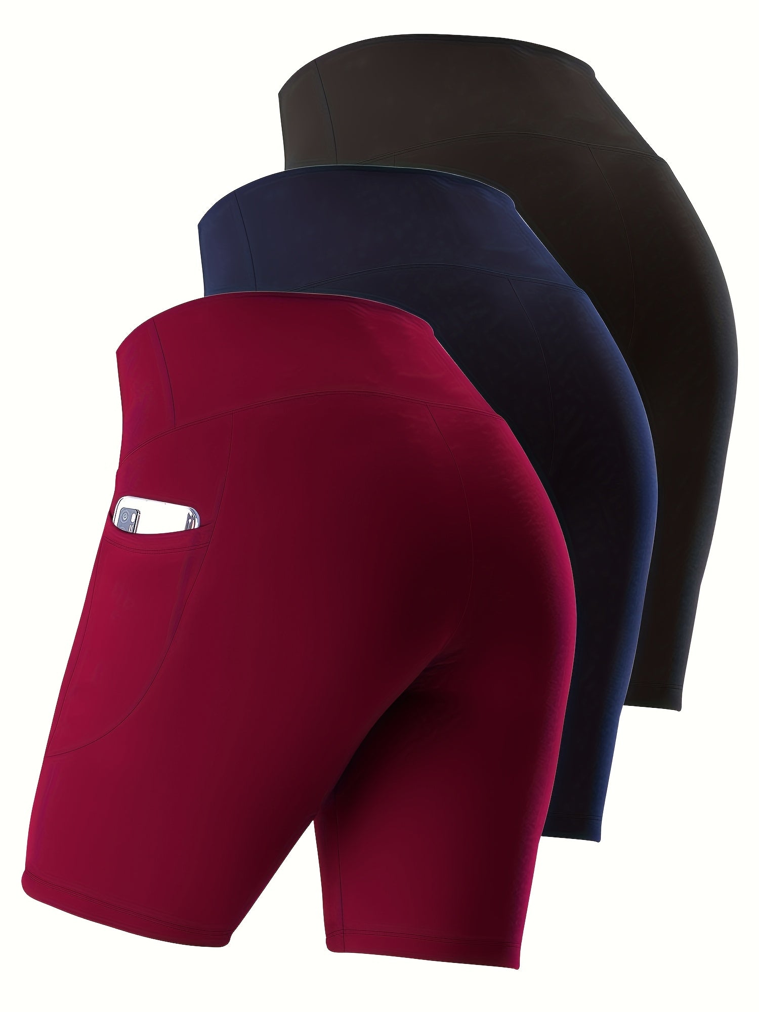 Комплект из 3 шорт с высокой талией для полных женщин, эластичные, укороченные, красные, синие морские и черные